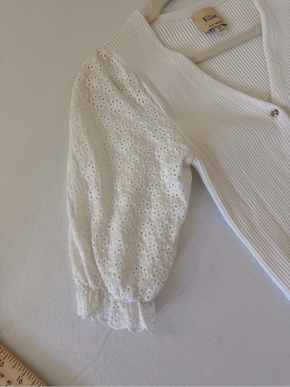 Women's Cream V-Neck Button Front Knit Top with Eyelet Puff Sleeves - Picture 5 of 10